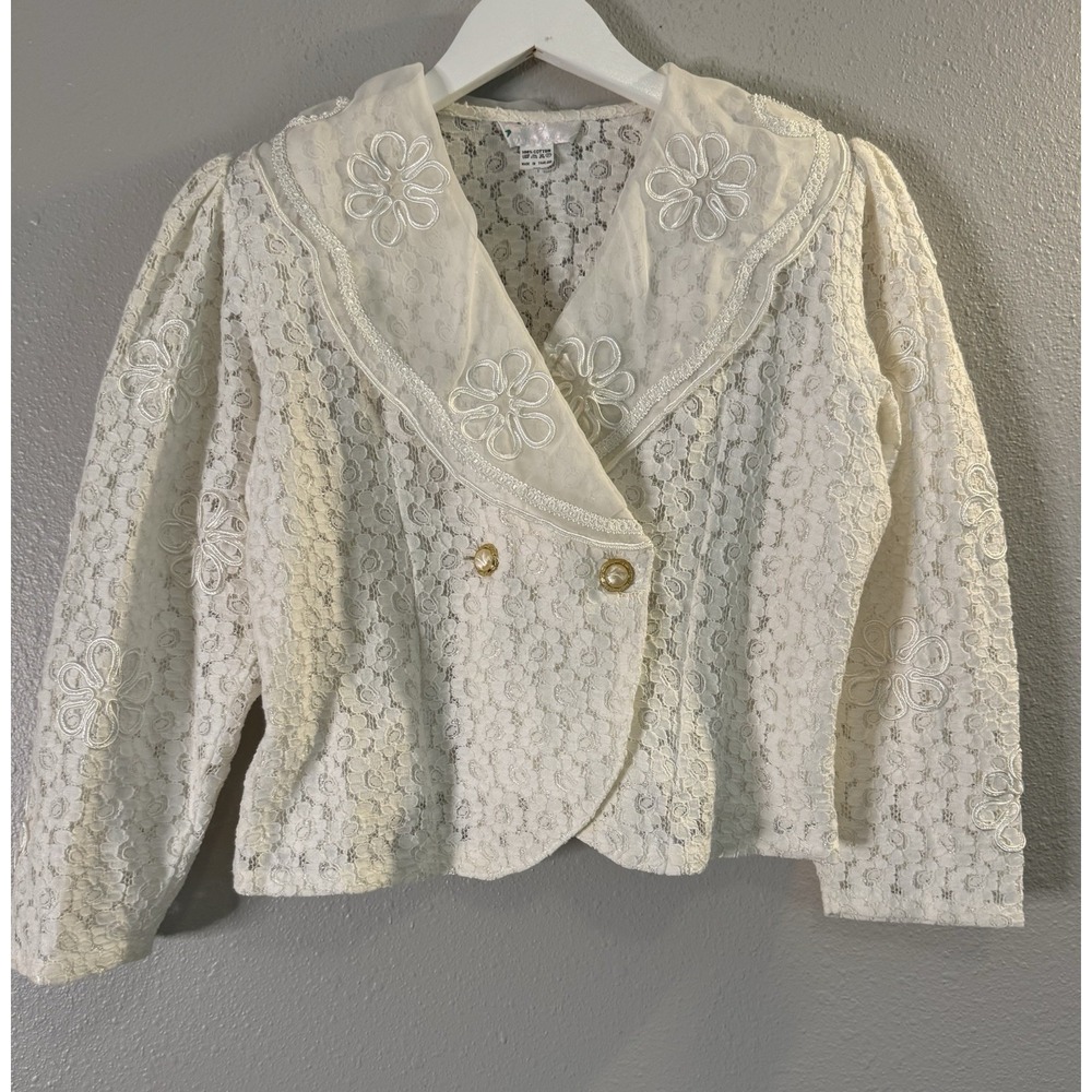 Vintage 80s Ivory Lace Blouse Sailor Collar Floral Applique Romantic Cottagecore